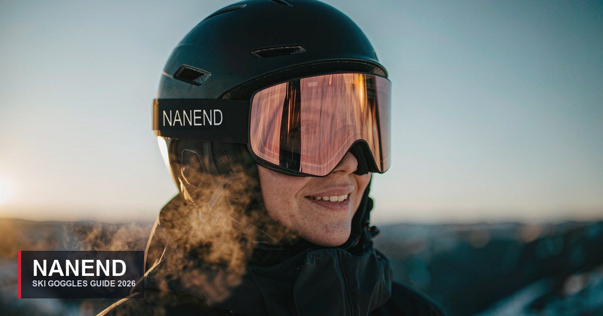 Skier wearing NANEND NG21 ski goggles with photochromic rose lens and NANEND branded strap, black helmet, alpine background