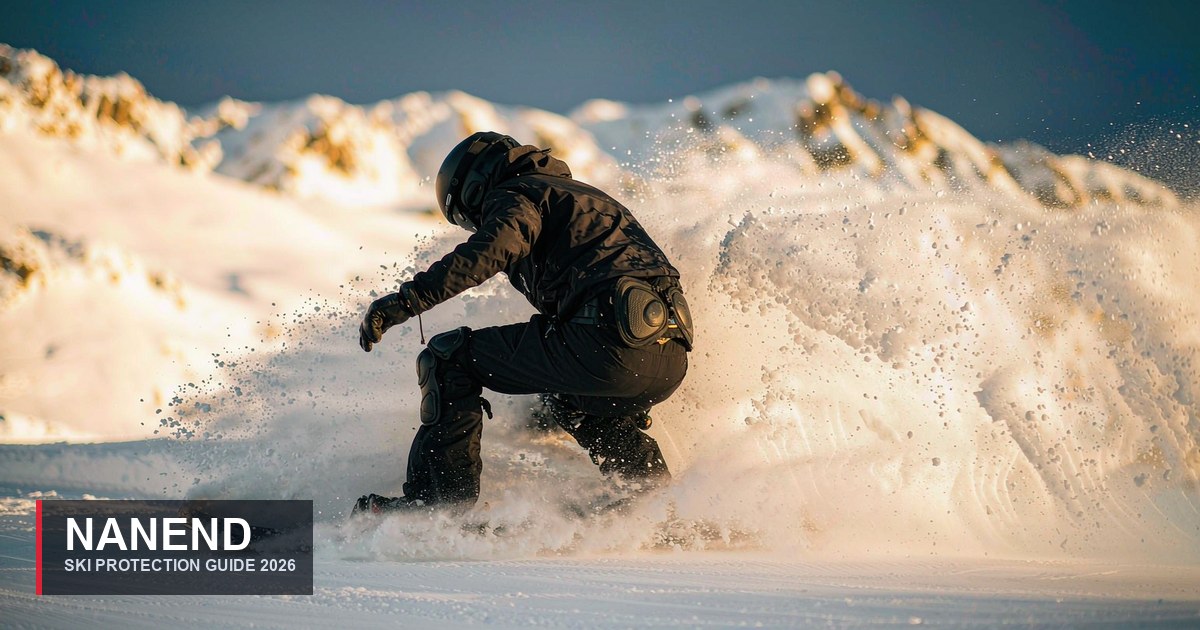 Skier in a low carve wearing NANEND knee and hip protection pads under black ski pants, snowy alpine slope