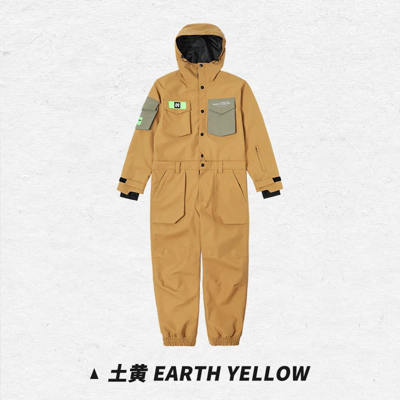 NANDN Men Women One-Piece Ski Jumpsuit Outdoor Sports Snowboard Jacket Warm Jump Suit Waterproof Winter Clothes Overalls Hooded