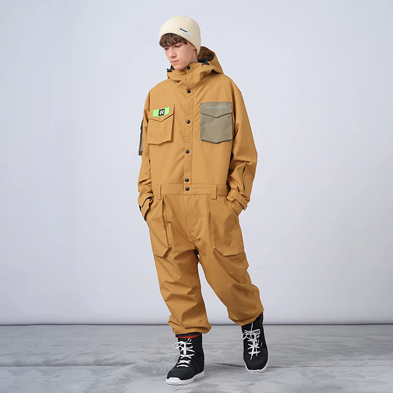 NANDN Men Women One-Piece Ski Jumpsuit Outdoor Sports Snowboard Jacket Warm Jump Suit Waterproof Winter Clothes Overalls Hooded