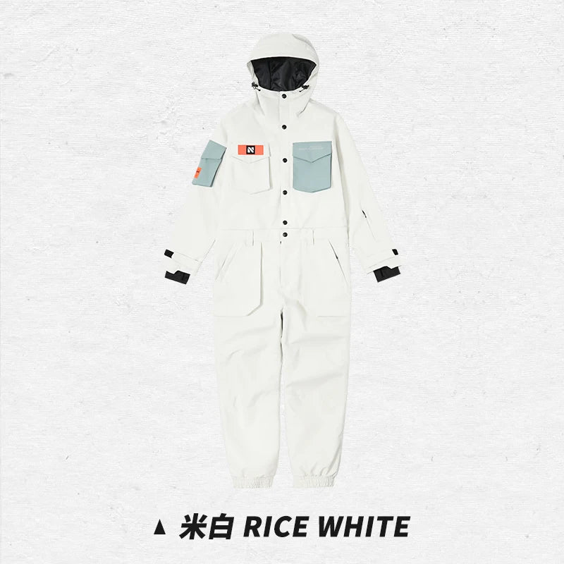 NANDN Men Women One-Piece Ski Jumpsuit Outdoor Sports Snowboard Jacket Warm Jump Suit Waterproof Winter Clothes Overalls Hooded