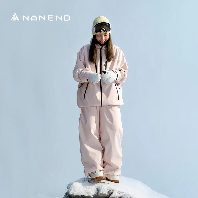 NANEND Ski Suit Women's 2024 New Loose Waterproof Veneer Thickened 3L Full Pressure Glue Pink Pants Suit