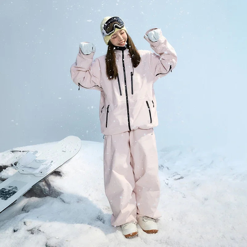 NANEND Ski Suit Women's 2024 New Loose Waterproof Veneer Thickened 3L Full Pressure Glue Pink Pants Suit