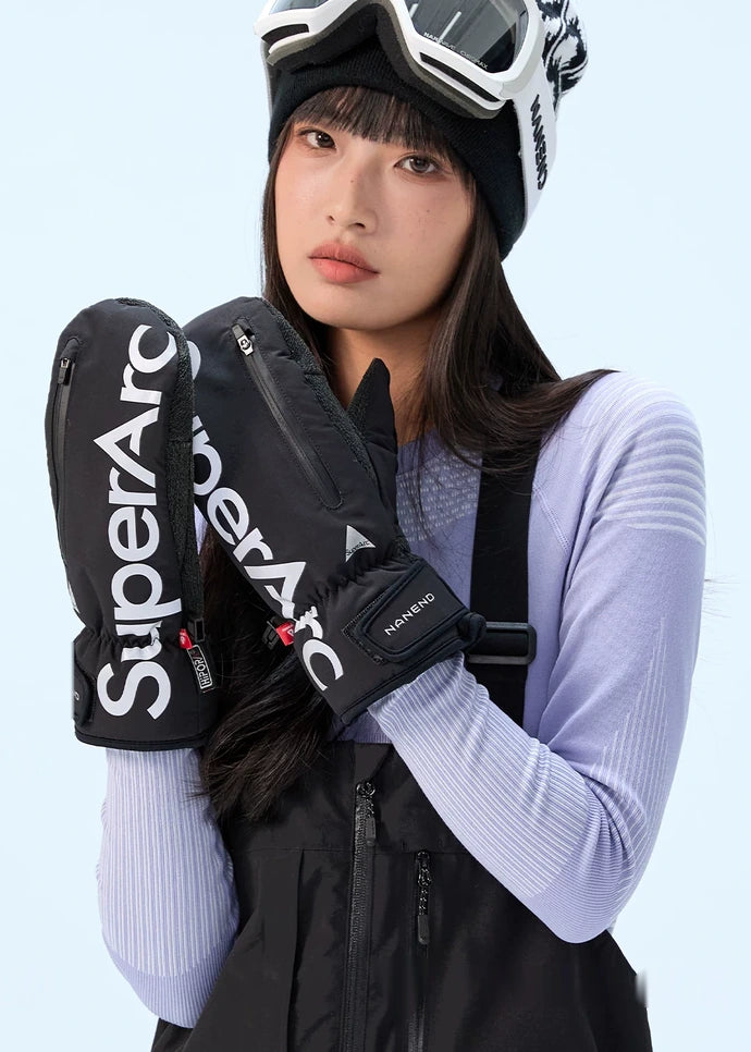 Model wearing Black NANEND Skyline Series PrimaLoft® Kevlar® ski mittens