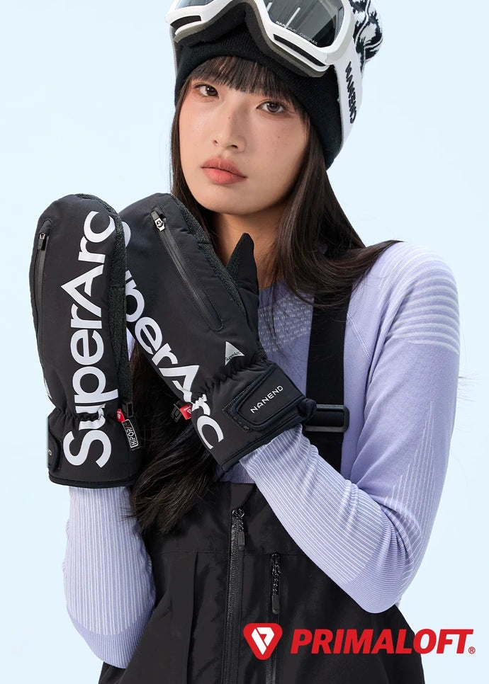 Model wearing Black NANEND Skyline Series PrimaLoft® Kevlar® ski mittens