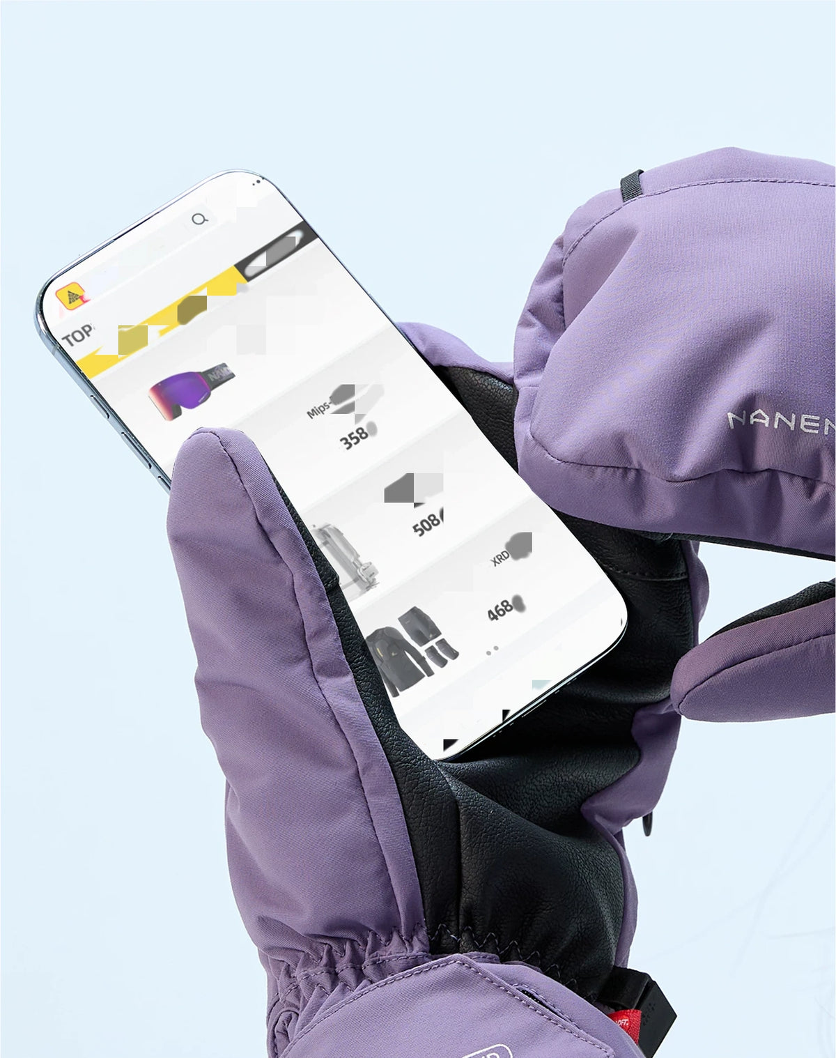 Touchscreen-compatible fingertips in use - NANEND PrimaLoft® Professional Waterproof Ski Gloves