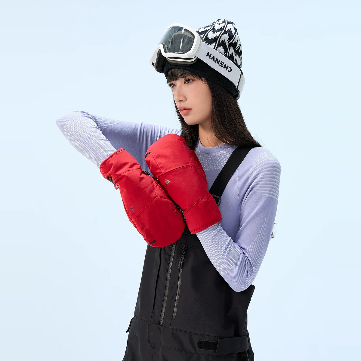 Model wearing Cinnabar Red NANEND PrimaLoft® Professional waterproof ski mittens (Cinnabar Red)
