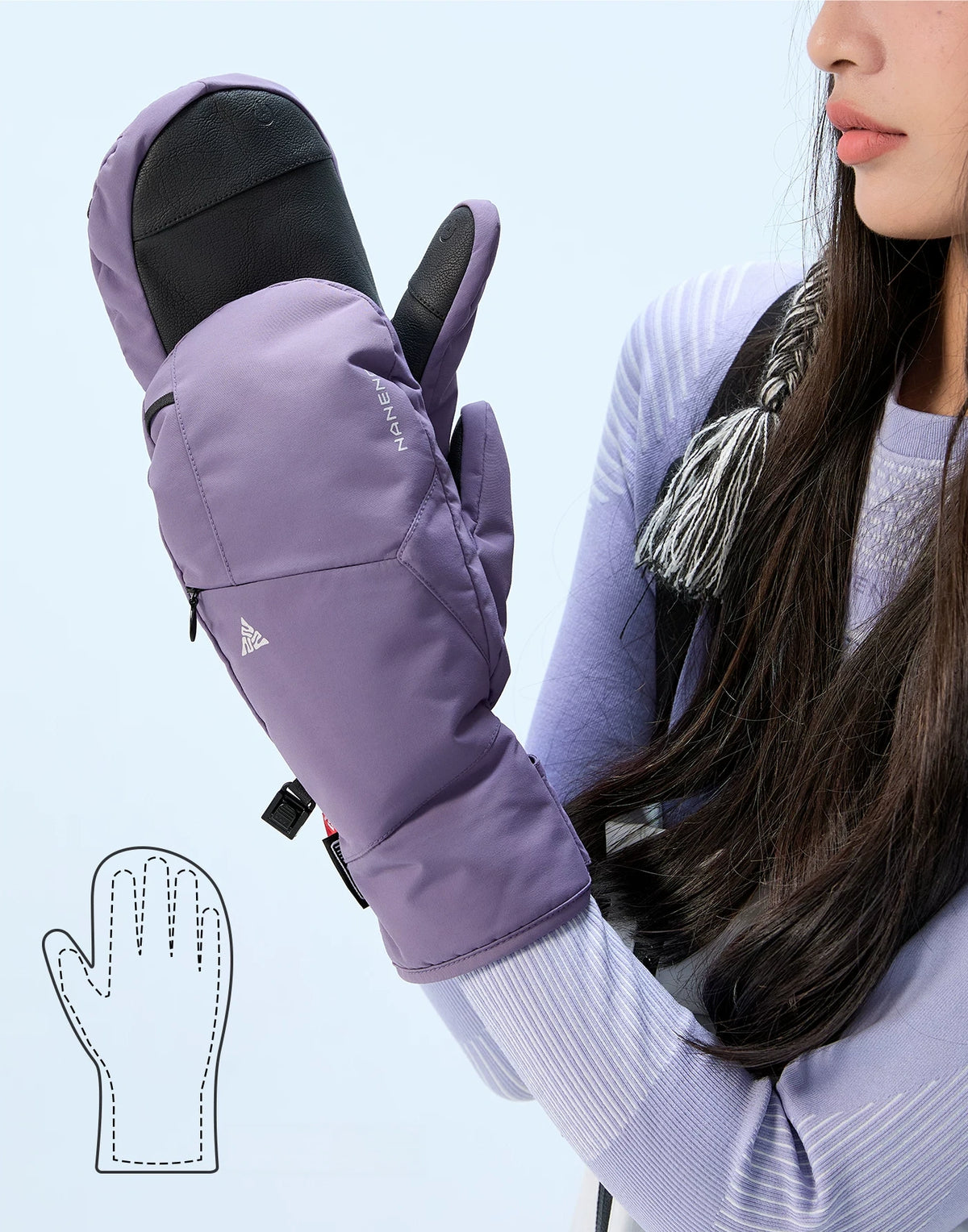 Model holding Smoky Purple NANEND PrimaLoft® Professional ski mittens