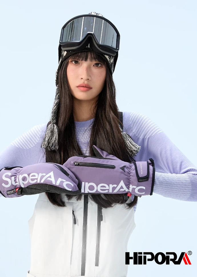 Model holding Smoky Purple NANEND Skyline Series PrimaLoft® Kevlar® ski mittens