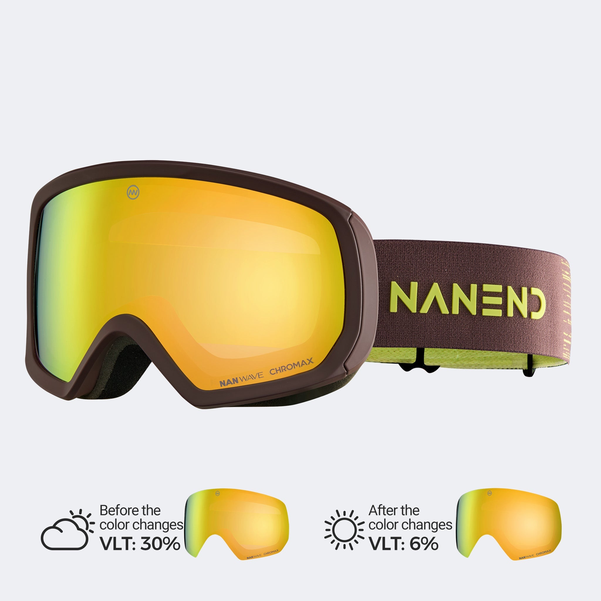 Double-layer curved photochromic ski goggles NG23Max - NANEND（Coconut Brown Photochromic Lens VLT 6%-30%）