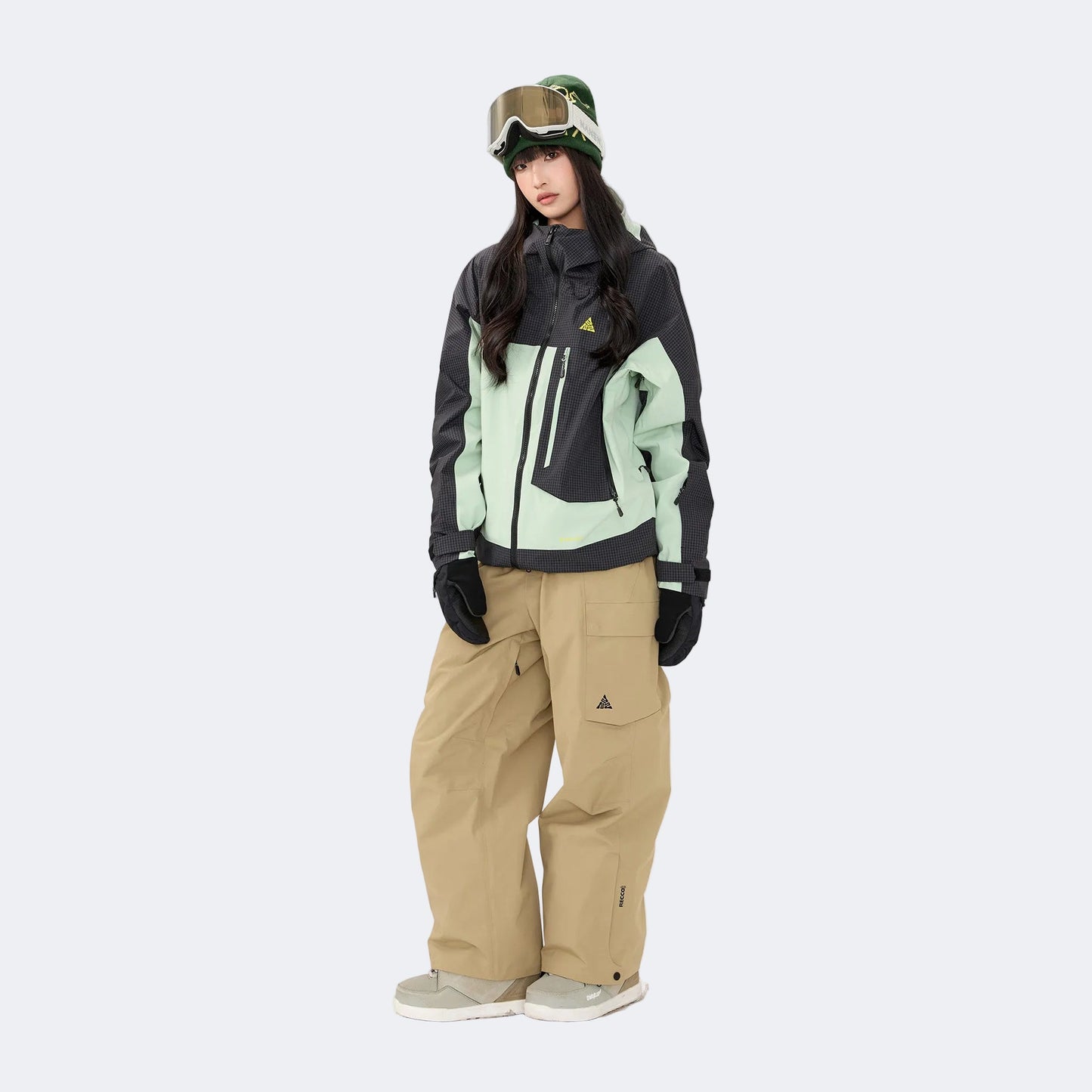 Plaid color-blocked warm workwear-style ski suit - Unisex - NANEND (Black and green top + Khaki pants)