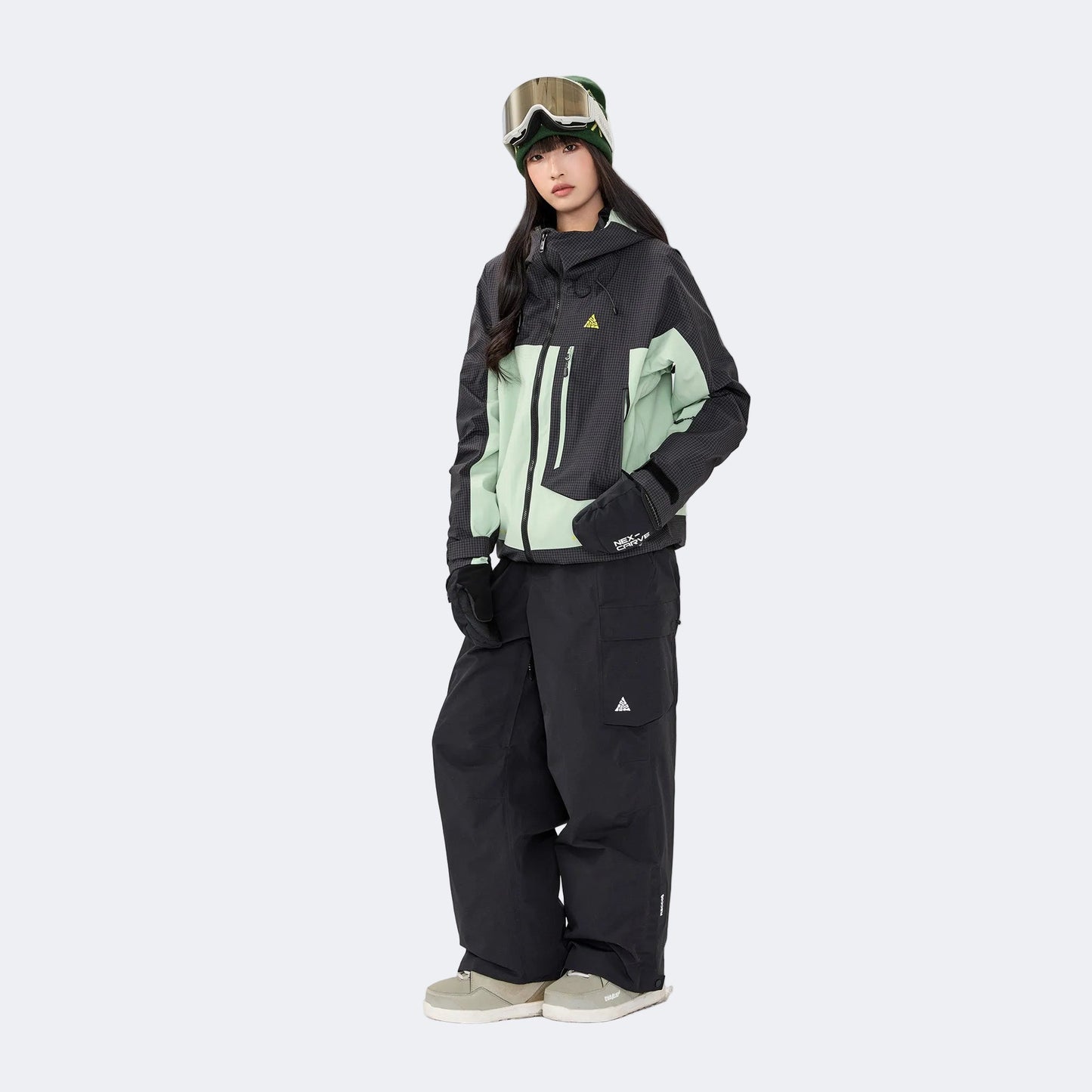 Plaid color-blocked warm workwear-style ski suit - Unisex - NANEND（
Black and green top + Black pants）