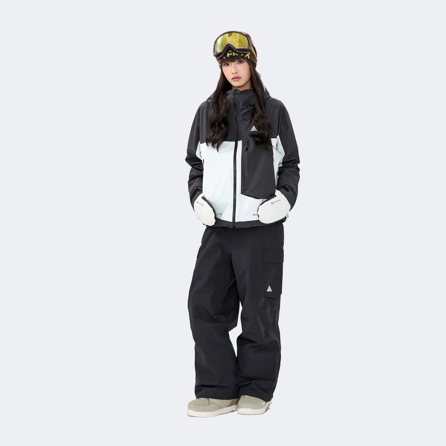 Plaid color-blocked warm workwear-style ski suit - Unisex - NANEND（Black and white top + Black pants）