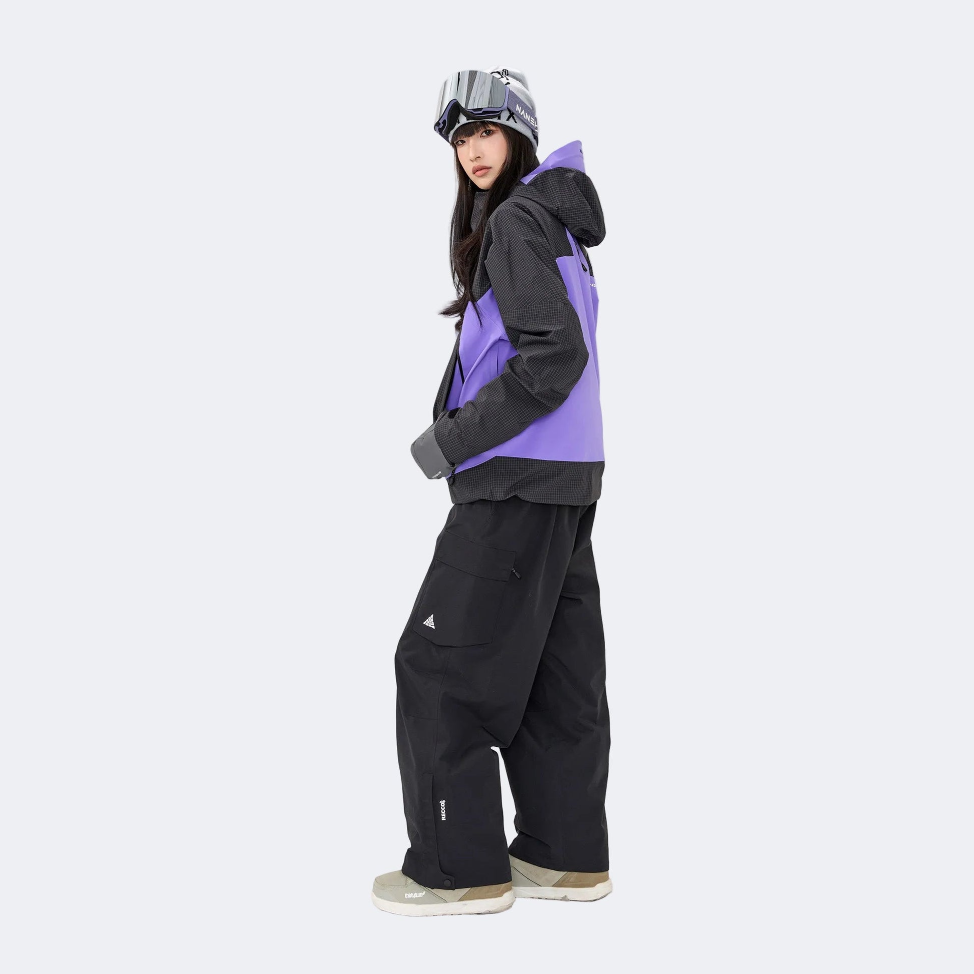 Plaid color-blocked warm workwear-style ski suit - Unisex - NANEND（Black and purple top + Black pants）