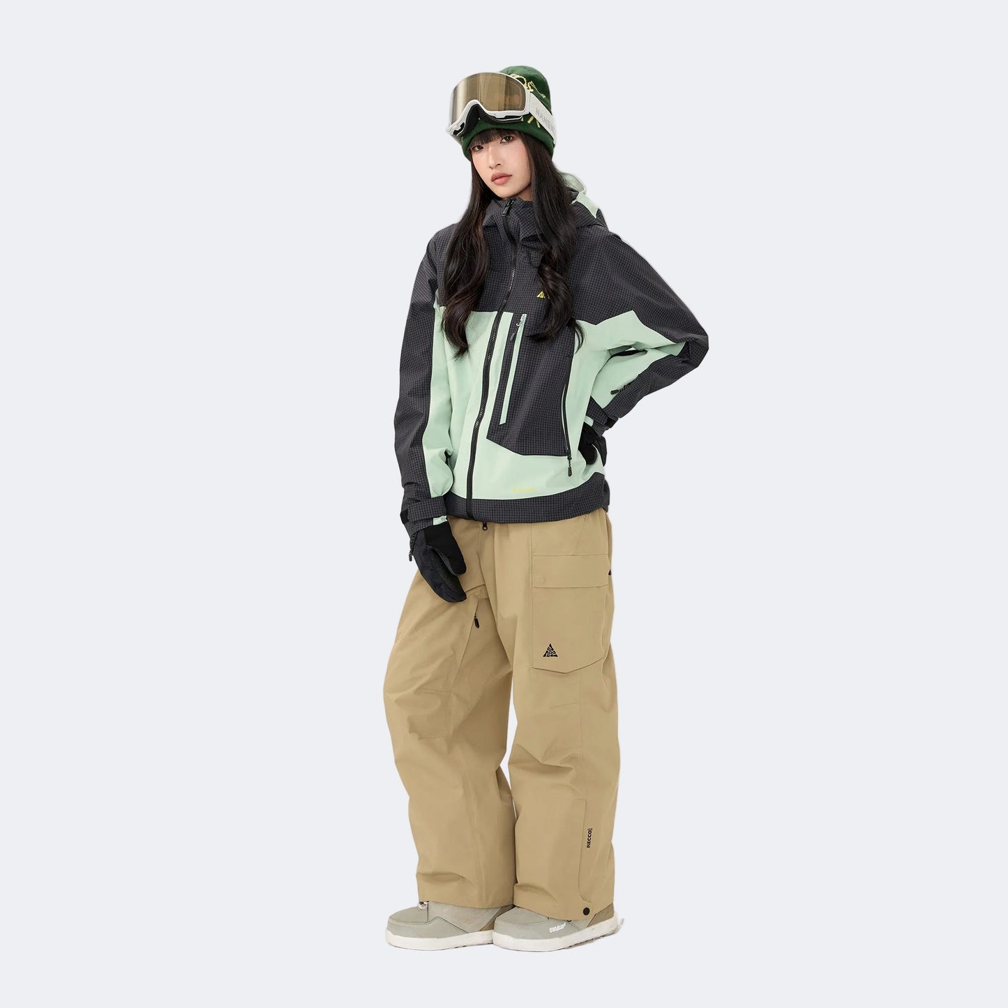 Plaid color-blocked warm workwear-style ski suit - Unisex - NANEND (Black and green top + Khaki pants)