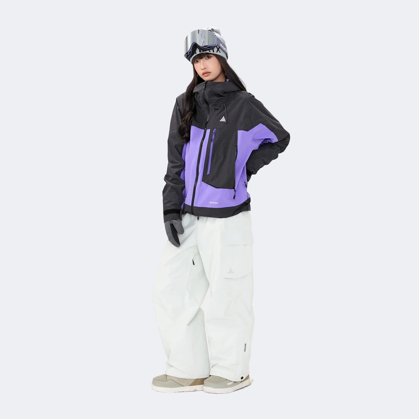 Plaid color-blocked warm workwear-style ski suit - Unisex - NANEND（
Black and purple top + Snow Mountain White Pants）
