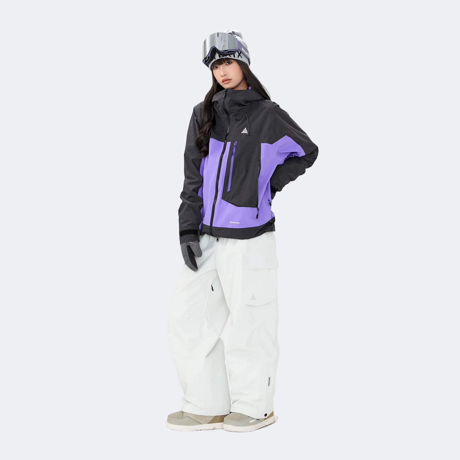 Plaid color-blocked warm workwear-style ski suit - Unisex - NANEND（
Black and purple top + Snow Mountain White Pants）