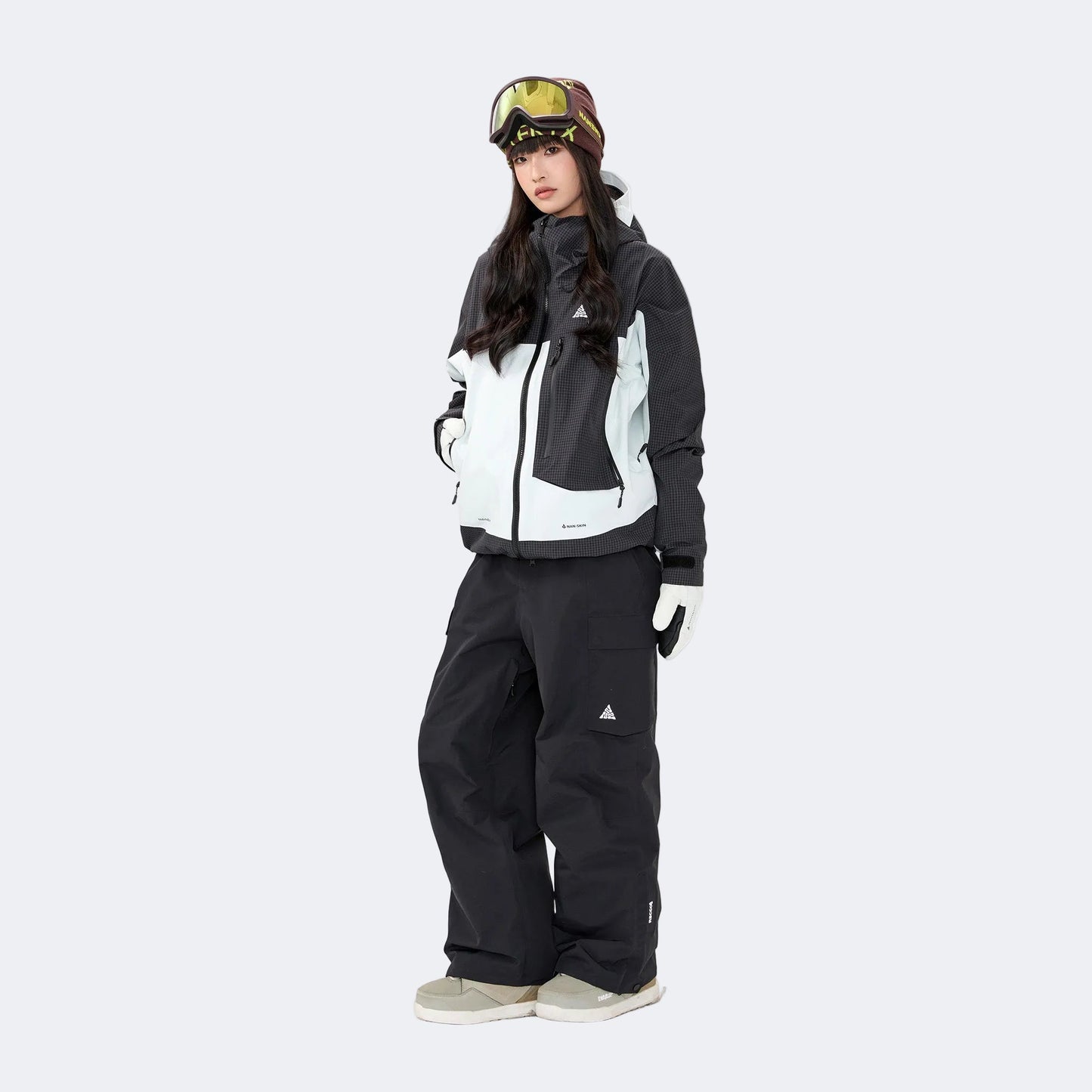 Plaid color-blocked warm workwear-style ski suit - Unisex - NANEND（Black and white top + Black pants）