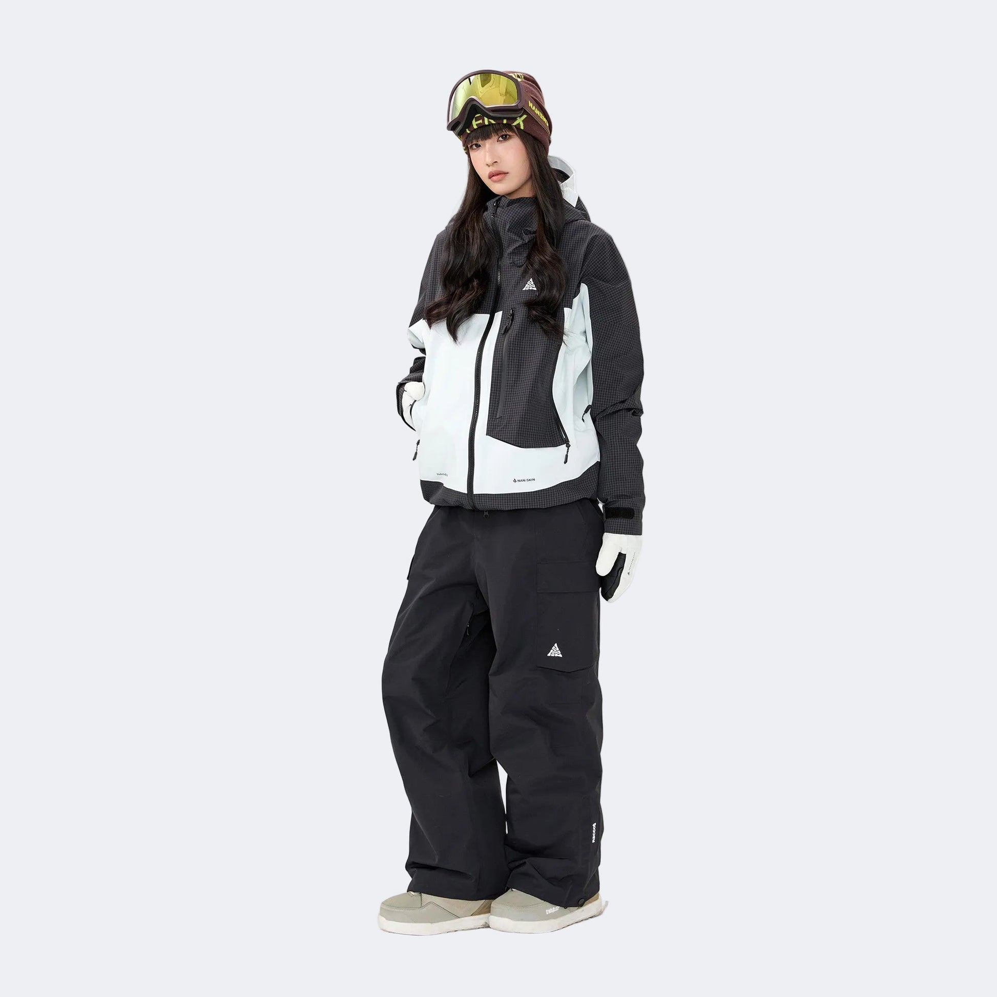 Plaid color-blocked warm workwear-style ski suit - Unisex - NANEND（Black and white top + Black pants）
