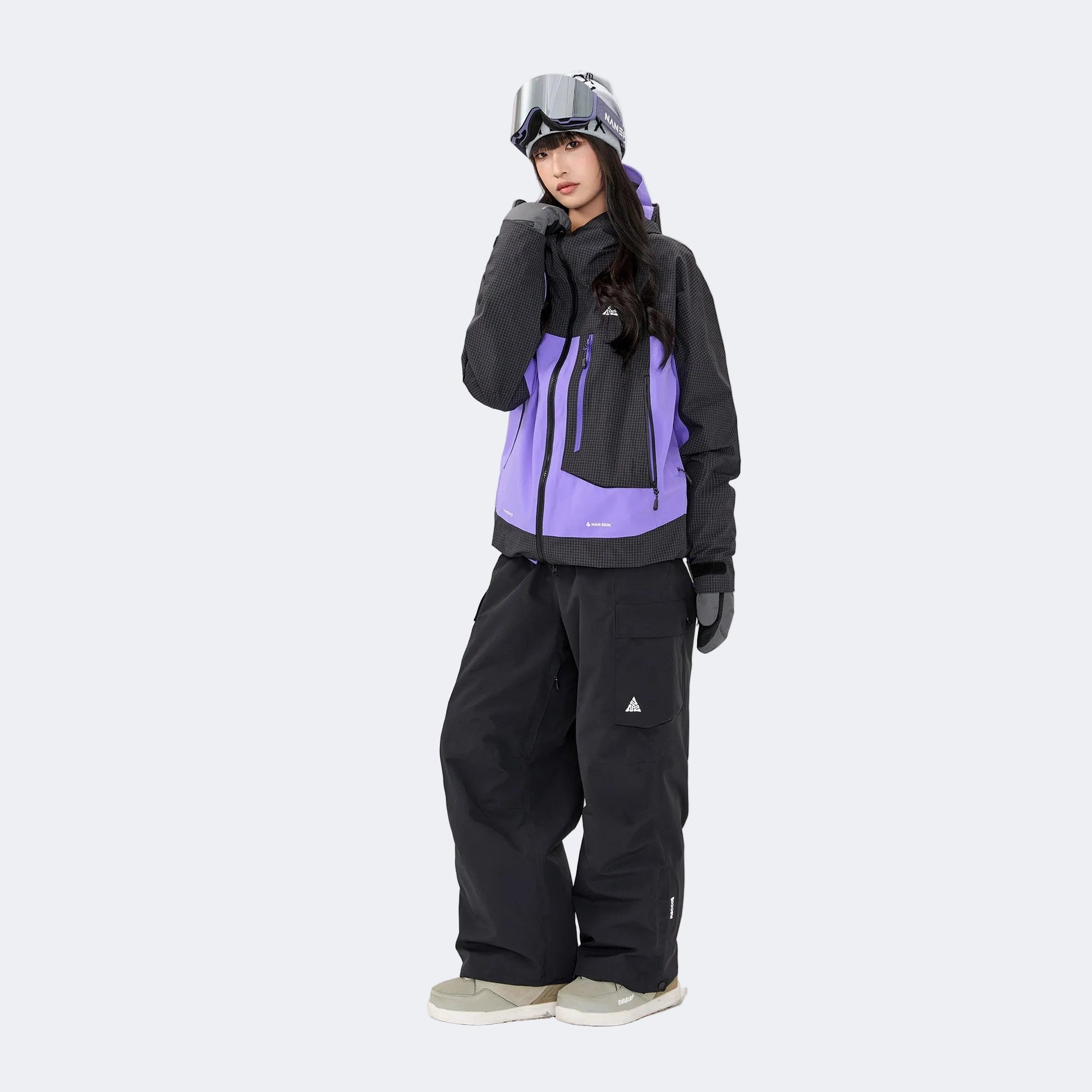Plaid color-blocked warm workwear-style ski suit - Unisex - NANEND（Black and purple top + Black pants）