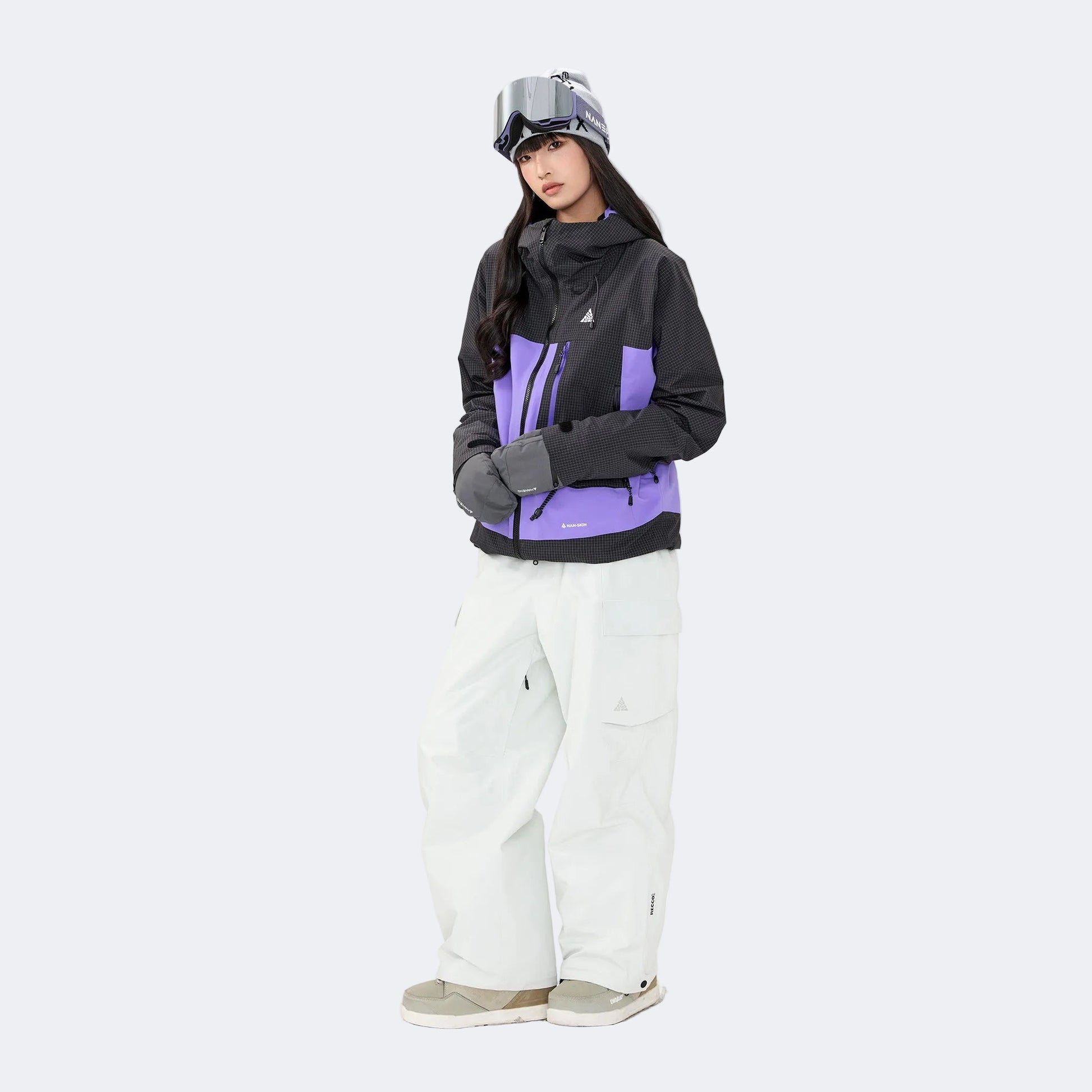 Plaid color-blocked warm workwear-style ski suit - Unisex - NANEND（
Black and purple top + Snow Mountain White Pants）