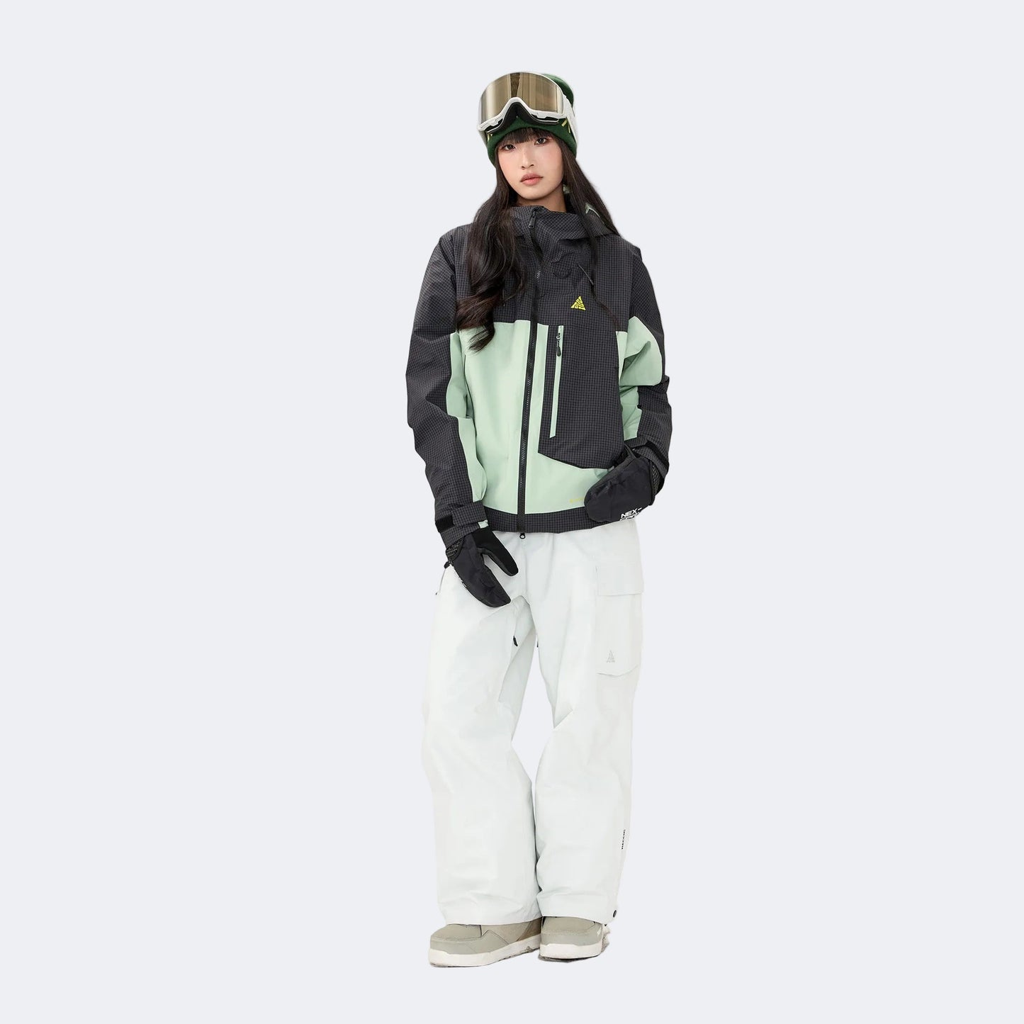 Plaid color-blocked warm workwear-style ski suit - Unisex - NANEND（
Black and green top + Snow Mountain White Pants）
