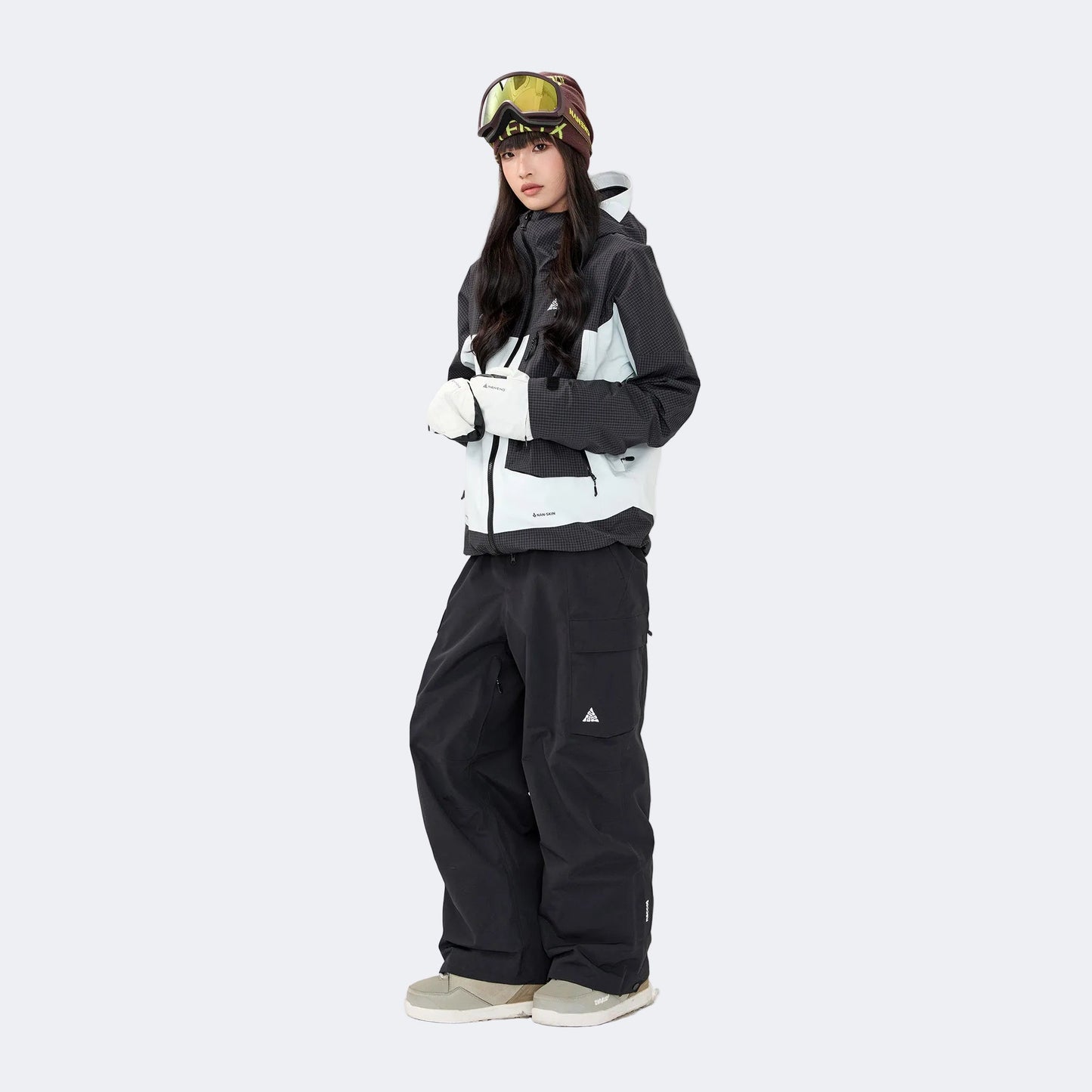 Plaid color-blocked warm workwear-style ski suit - Unisex - NANEND（Black and white top + Black pants）