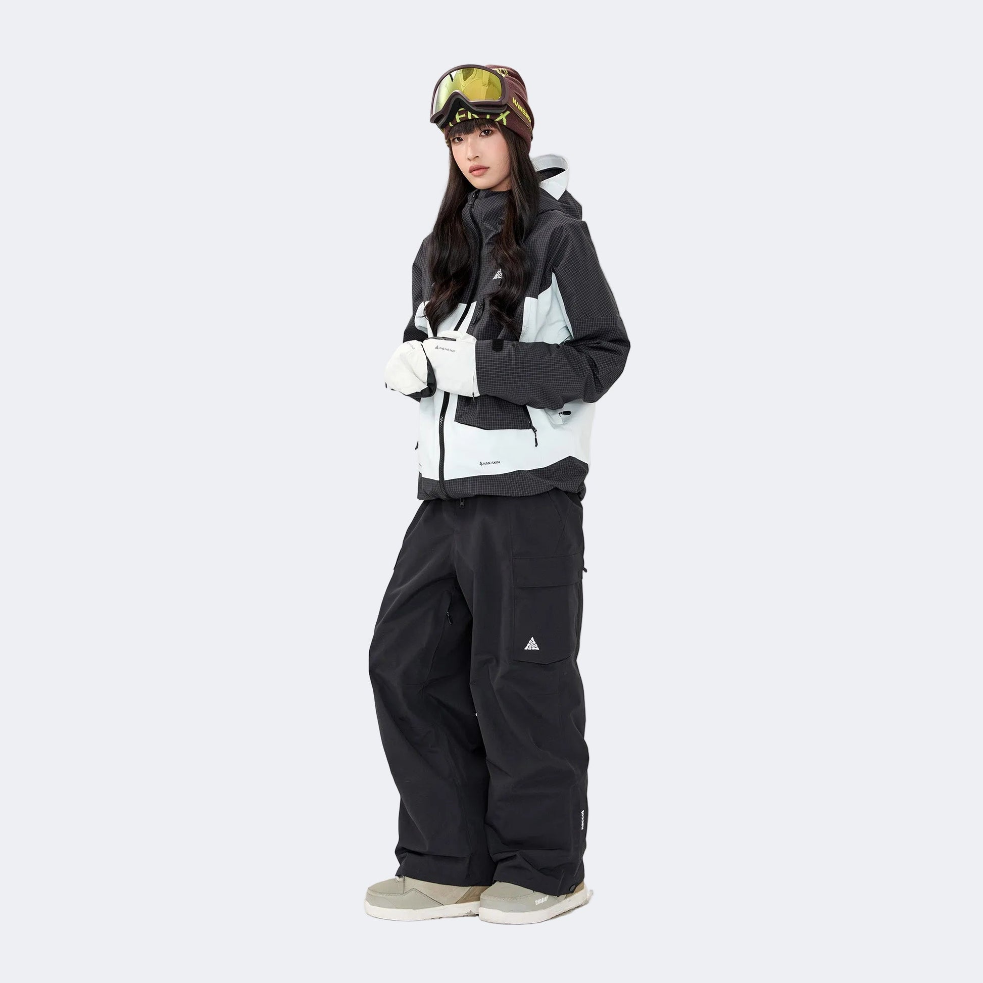 Plaid color-blocked warm workwear-style ski suit - Unisex - NANEND（Black and white top + Black pants）