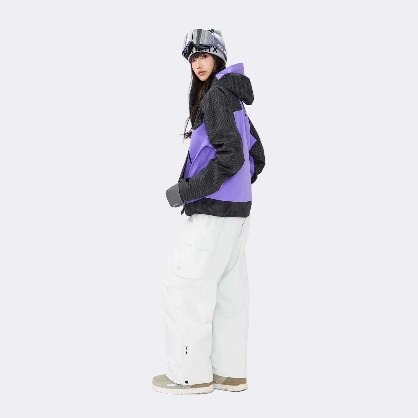 Plaid color-blocked warm workwear-style ski suit - Unisex - NANEND（
Black and purple top + Snow Mountain White Pants）