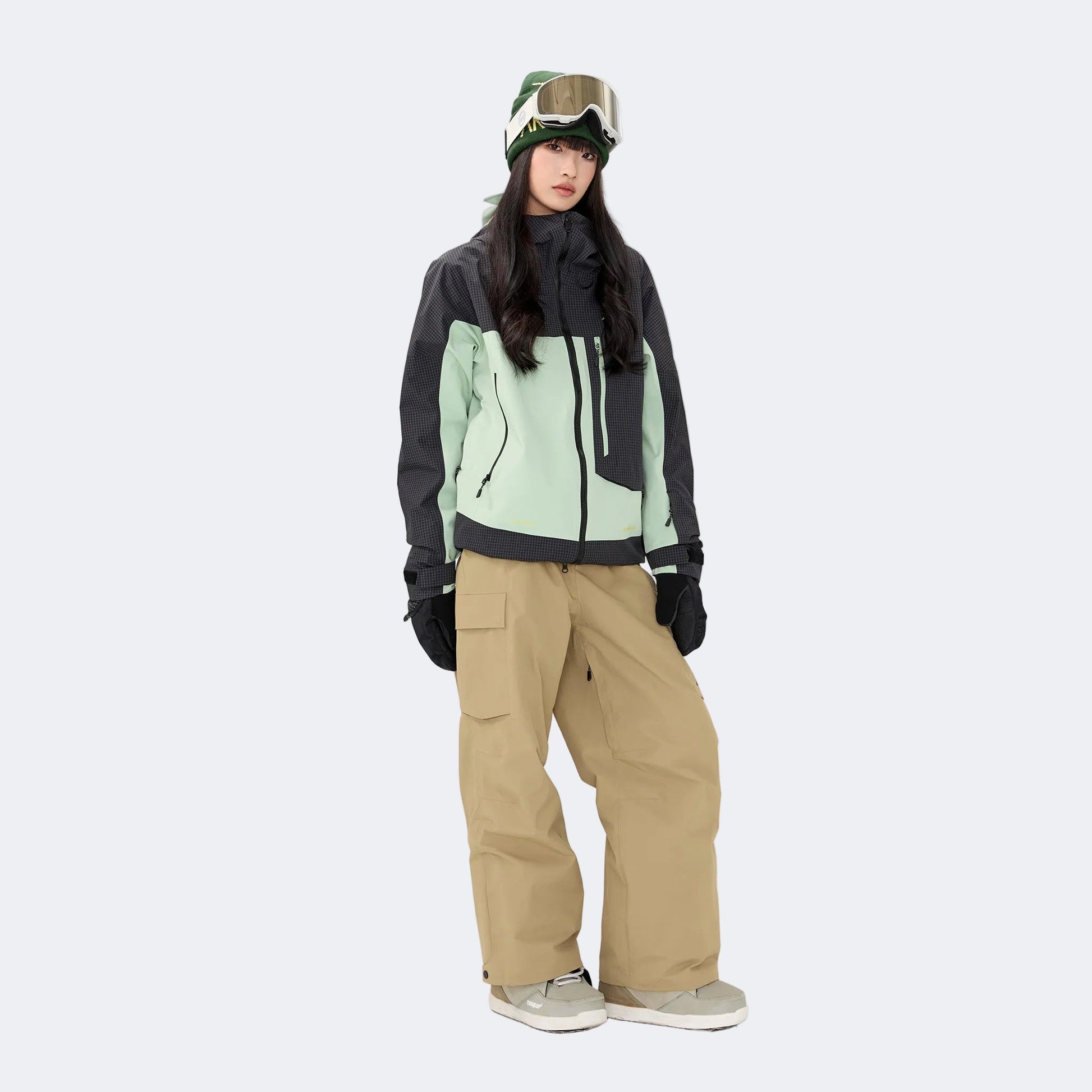 Plaid color-blocked warm workwear-style ski suit - Unisex - NANEND (Black and green top + Khaki pants)