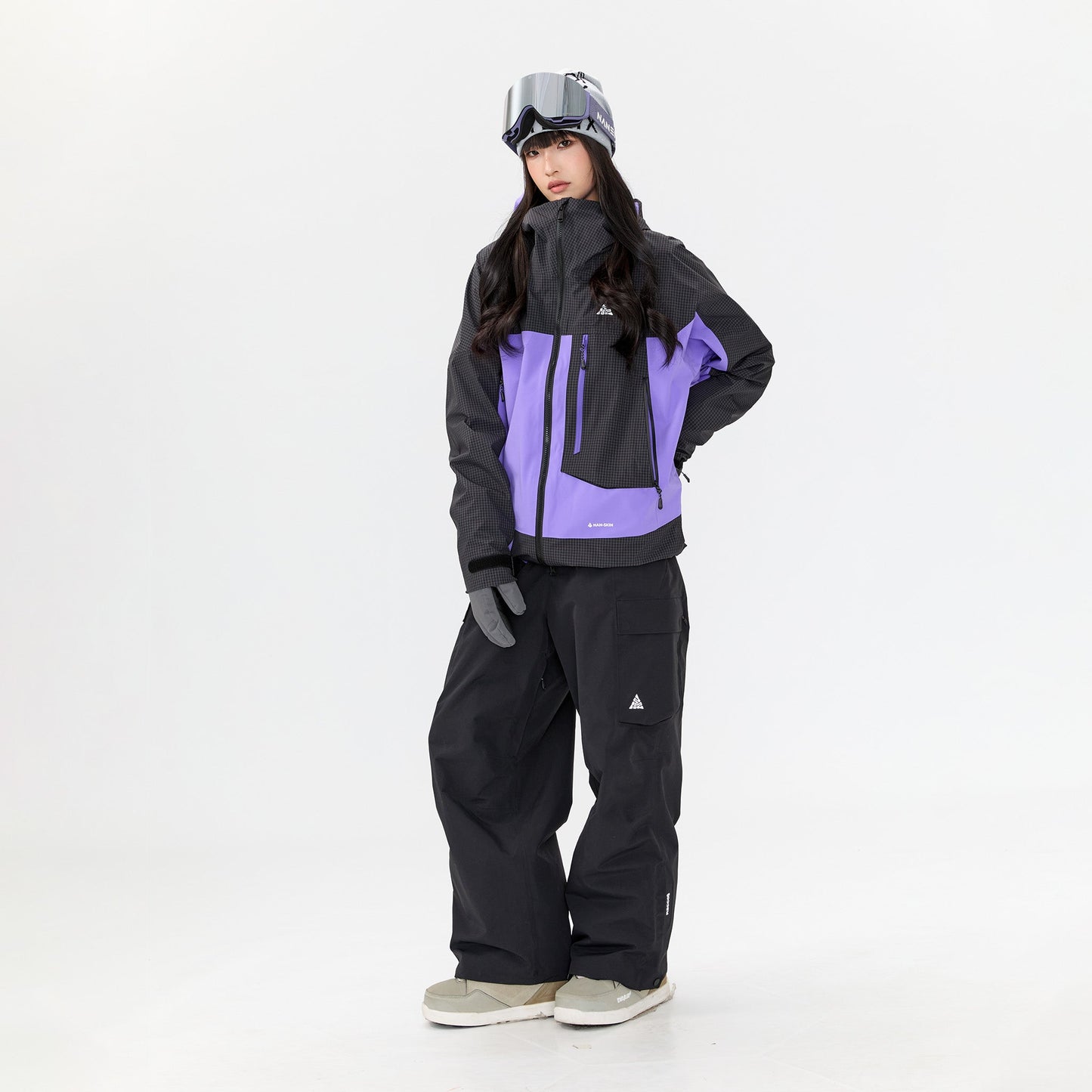 Plaid color-blocked warm workwear-style ski suit - Unisex - NANEND（Black and purple top + Black pants）